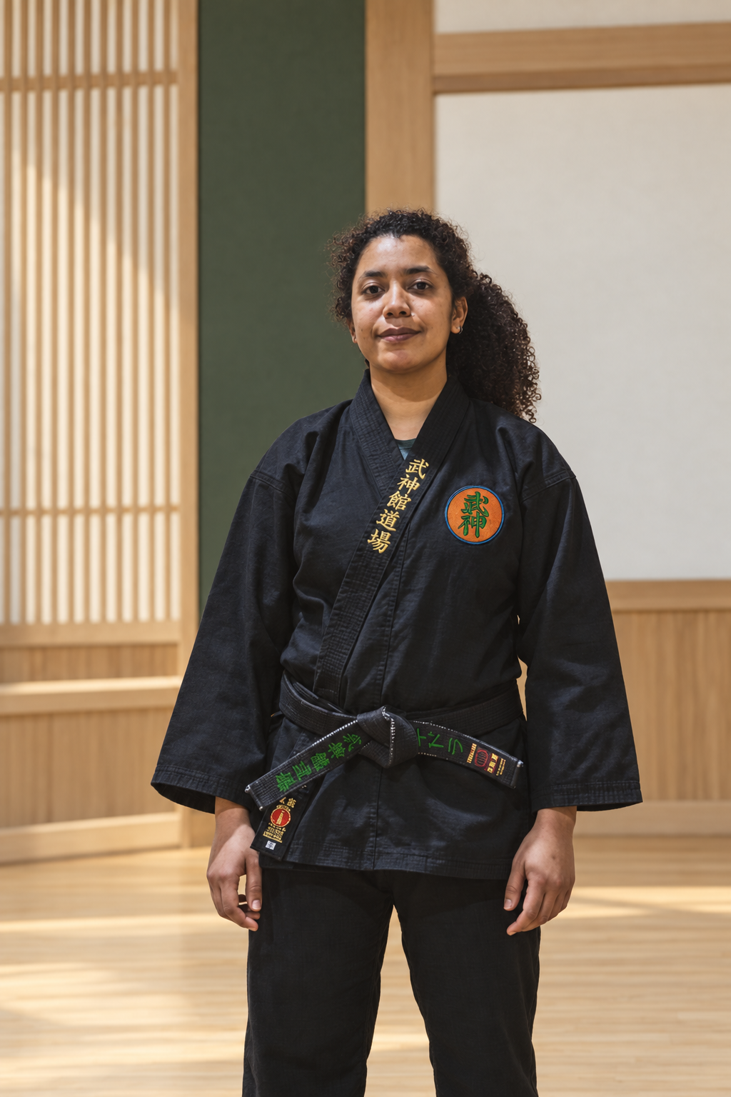 Kidora Daal de pie, con uniforme negro, frente a un fondo minimalista del dōjō