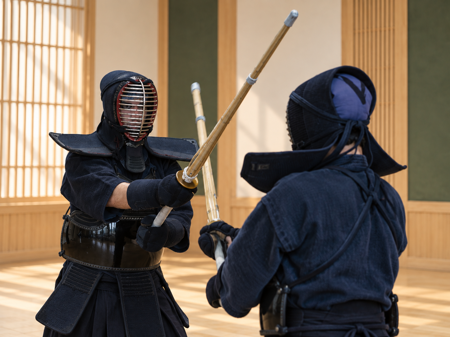 Práctica de Kendō con dos personas usando bōgu y shinai